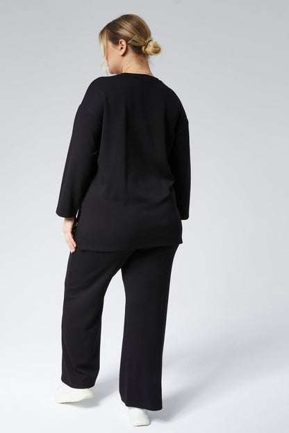 BLACK Plus Size Side Slit Pocket Two-Piece Set Pointel Ribbed Lycra Cotton - Denoss
