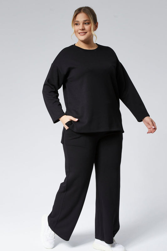 BLACK Plus Size Side Slit Pocket Two-Piece Set Pointel Ribbed Lycra Cotton - Denoss