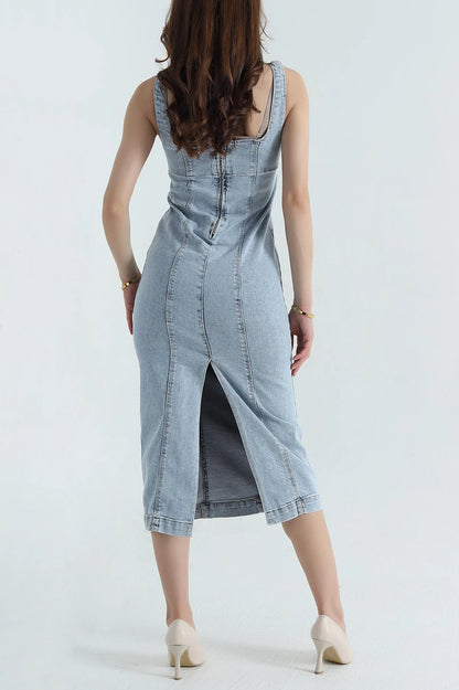 Ice Blue Zippered Slit Denim Vest Dress
