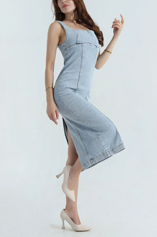 Ice Blue Zippered Slit Denim Vest Dress