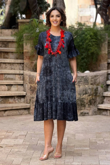 Smoke Plus Size Cotton Batik Dress with Ruffled Skirt - Denoss