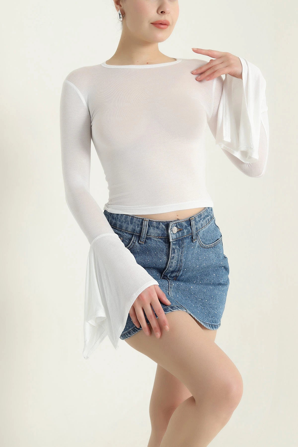 Ecru Crew Neck Transparent Women's Blouse - Denoss