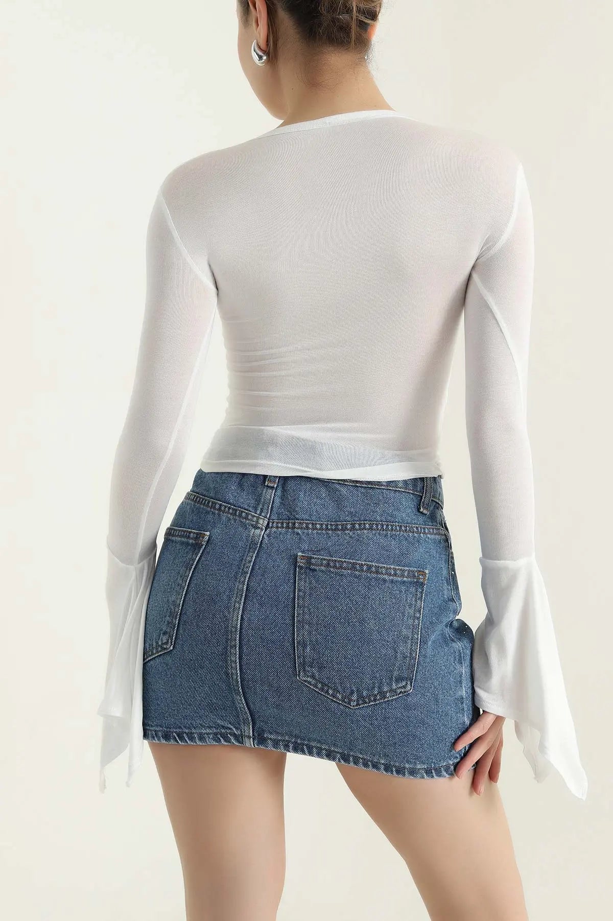 Ecru Crew Neck Transparent Women's Blouse - Denoss
