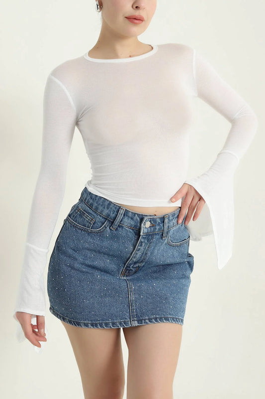 Ecru Crew Neck Transparent Women's Blouse - Denoss