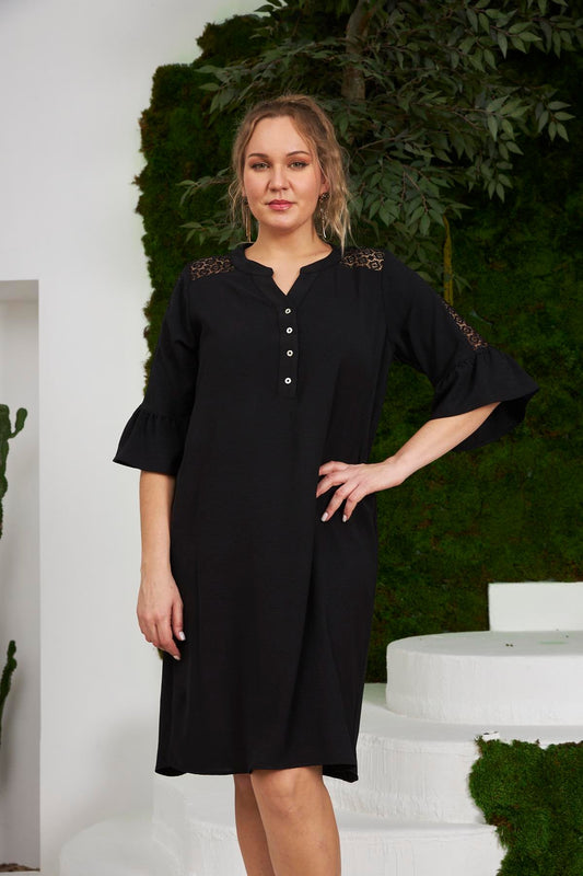 Plus Size Black Dress with Lace on Shoulders and Sleeves - Denoss