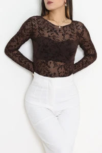 Floral Flock Printed Tulle Coffee Blouse - Denoss