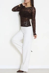 Floral Flock Printed Tulle Coffee Blouse - Denoss