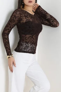 Floral Flock Printed Tulle Coffee Blouse - Denoss