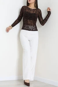 Floral Flock Printed Tulle Coffee Blouse - Denoss