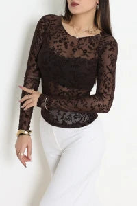 Floral Flock Printed Tulle Coffee Blouse - Denoss