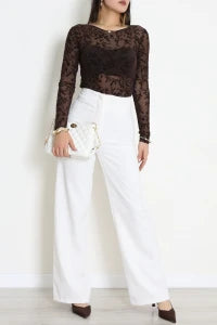 Floral Flock Printed Tulle Coffee Blouse - Denoss
