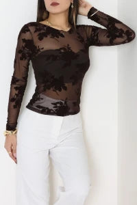 Coffee Floral Flock Printed Tulle Blouse - Denoss