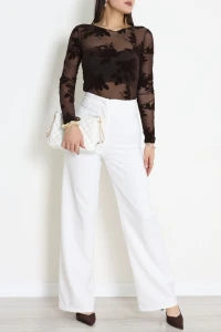 Coffee Floral Flock Printed Tulle Blouse - Denoss