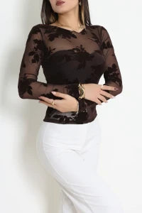 Coffee Floral Flock Printed Tulle Blouse - Denoss