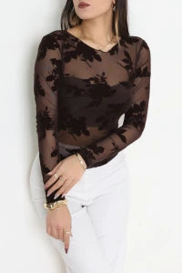 Coffee Floral Flock Printed Tulle Blouse - Denoss