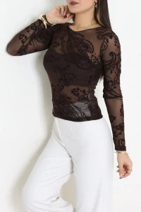 Floral Coffee Flock Printed Tulle  Blouse - Denoss
