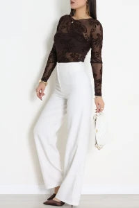 Floral Coffee Flock Printed Tulle  Blouse - Denoss