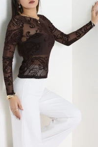 Floral Coffee Flock Printed Tulle  Blouse - Denoss