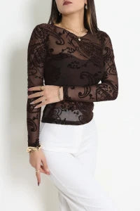 Floral Coffee Flock Printed Tulle  Blouse - Denoss