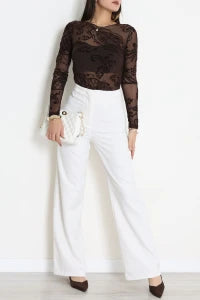 Floral Coffee Flock Printed Tulle  Blouse - Denoss