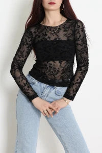 Floral Flock Printed Tulle Black Blouse - Denoss