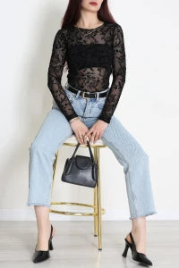 Floral Flock Printed Tulle Black Blouse - Denoss