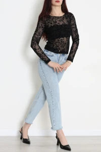 Floral Flock Printed Tulle Black Blouse - Denoss