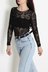 Floral Flock Printed Tulle Black Blouse - Denoss