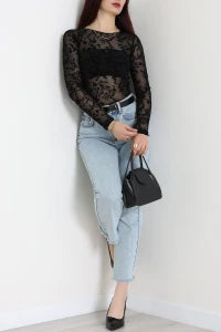 Floral Flock Printed Tulle Black Blouse - Denoss