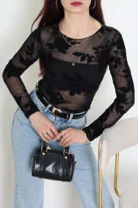 Black Floral Flock Printed Tulle Blouse - Denoss