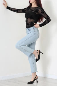 Black Floral Flock Printed Tulle Blouse - Denoss