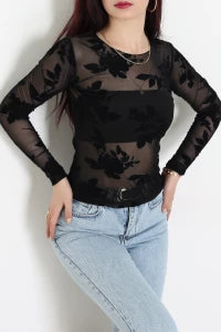Black Floral Flock Printed Tulle Blouse - Denoss