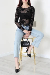 Black Floral Flock Printed Tulle Blouse - Denoss