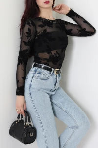 Black Floral Flock Printed Tulle Blouse - Denoss