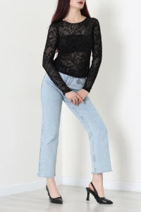Floral Black Flock Printed Tulle  Blouse - Denoss
