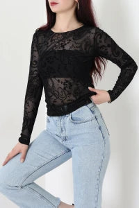 Floral Black Flock Printed Tulle  Blouse - Denoss