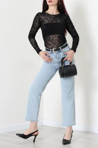 Floral Black Flock Printed Tulle  Blouse - Denoss