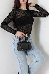 Floral Black Flock Printed Tulle  Blouse - Denoss
