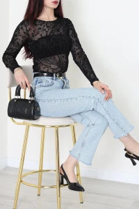 Floral Black Flock Printed Tulle  Blouse - Denoss