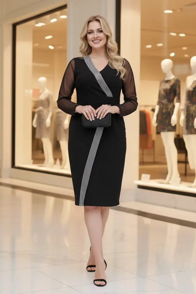 Silver Stripe Detail Long Sleeve Wrap Black Dress - Denoss