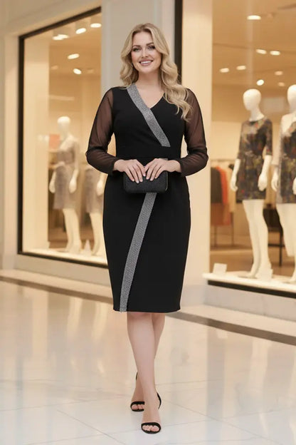 Silver Stripe Detail Long Sleeve Wrap Black Dress - Denoss