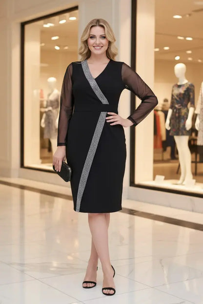 Silver Stripe Detail Long Sleeve Wrap Black Dress - Denoss