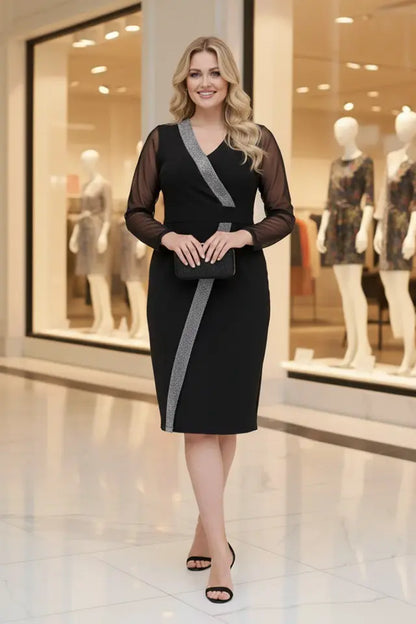 Silver Stripe Detail Long Sleeve Wrap Black Dress - Denoss