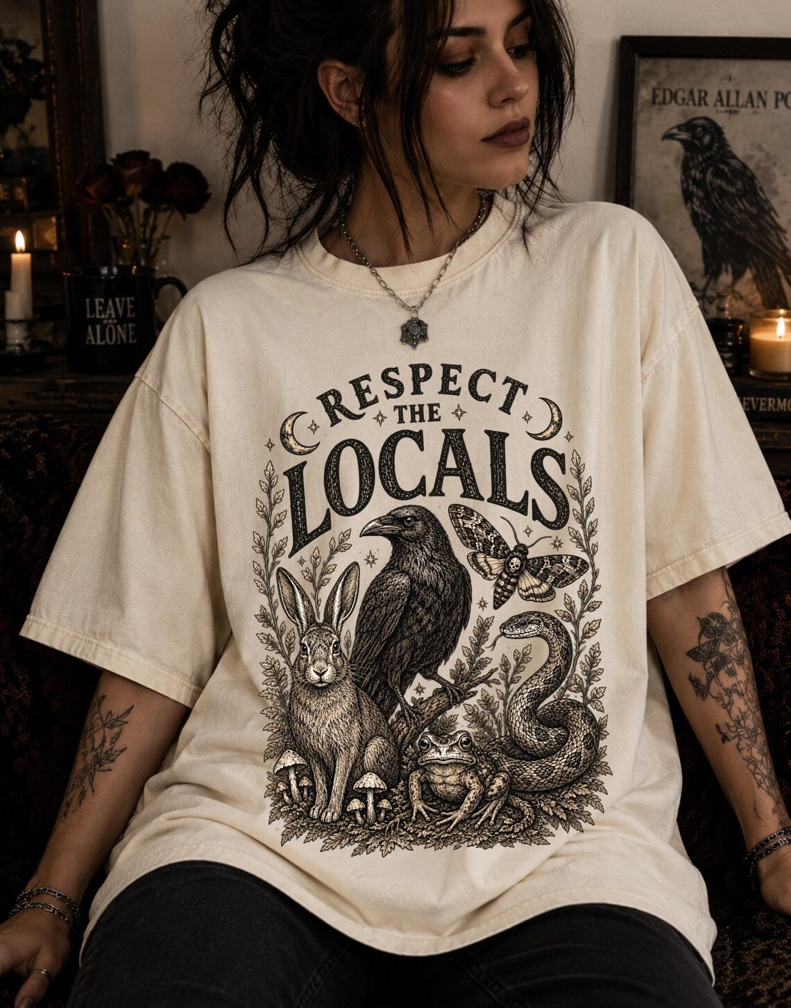 goblincore respect the locals whimsigoth clothing bug shirt ,crow shirt cryptid shirt ,moth shirt ,ecology shirt ,goblincore shirt ,snake shirt