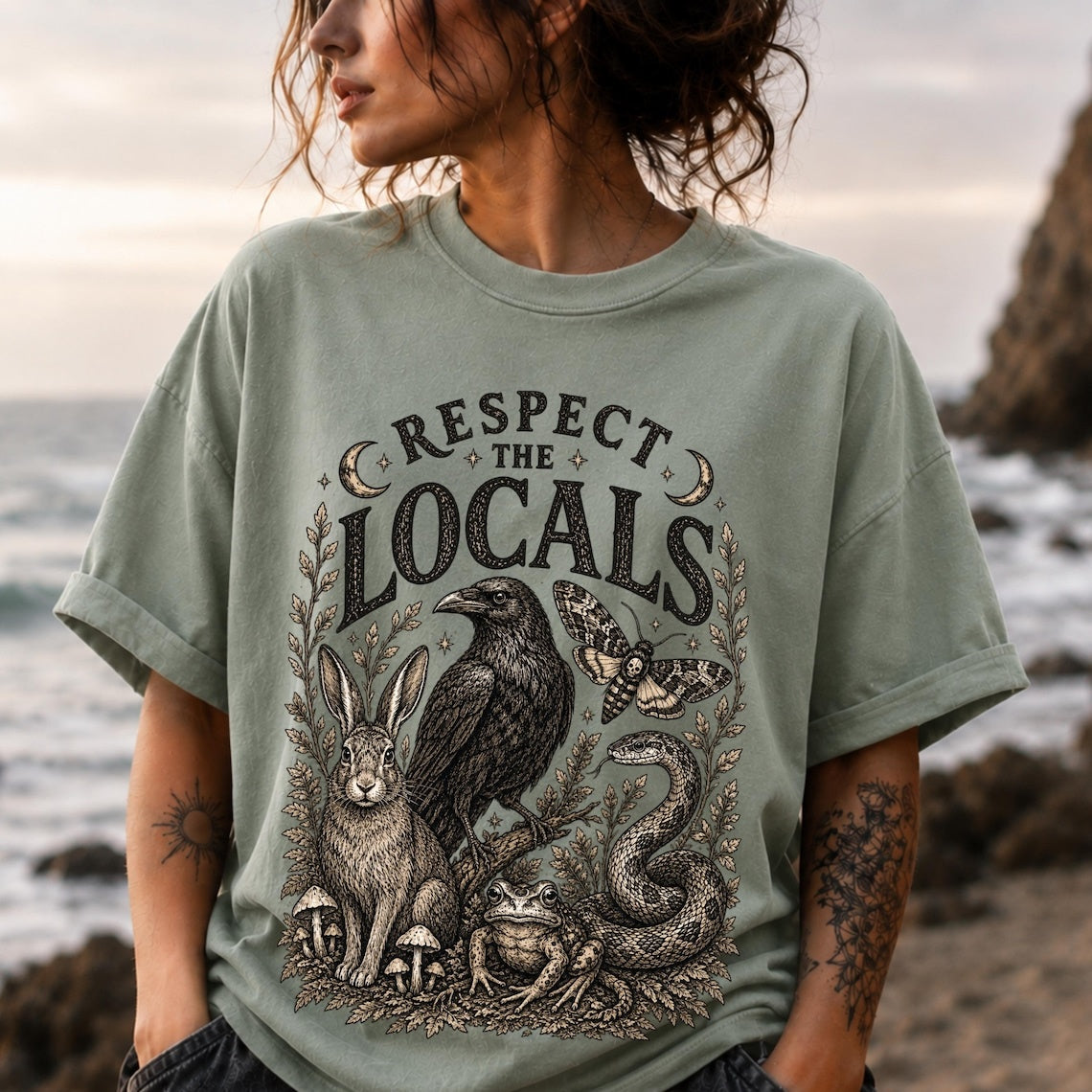 goblincore respect the locals whimsigoth clothing bug shirt ,crow shirt cryptid shirt ,moth shirt ,ecology shirt ,goblincore shirt ,snake shirt