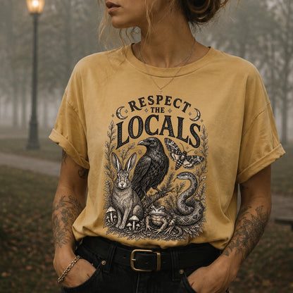 goblincore respect the locals whimsigoth clothing bug shirt ,crow shirt cryptid shirt ,moth shirt ,ecology shirt ,goblincore shirt ,snake shirt