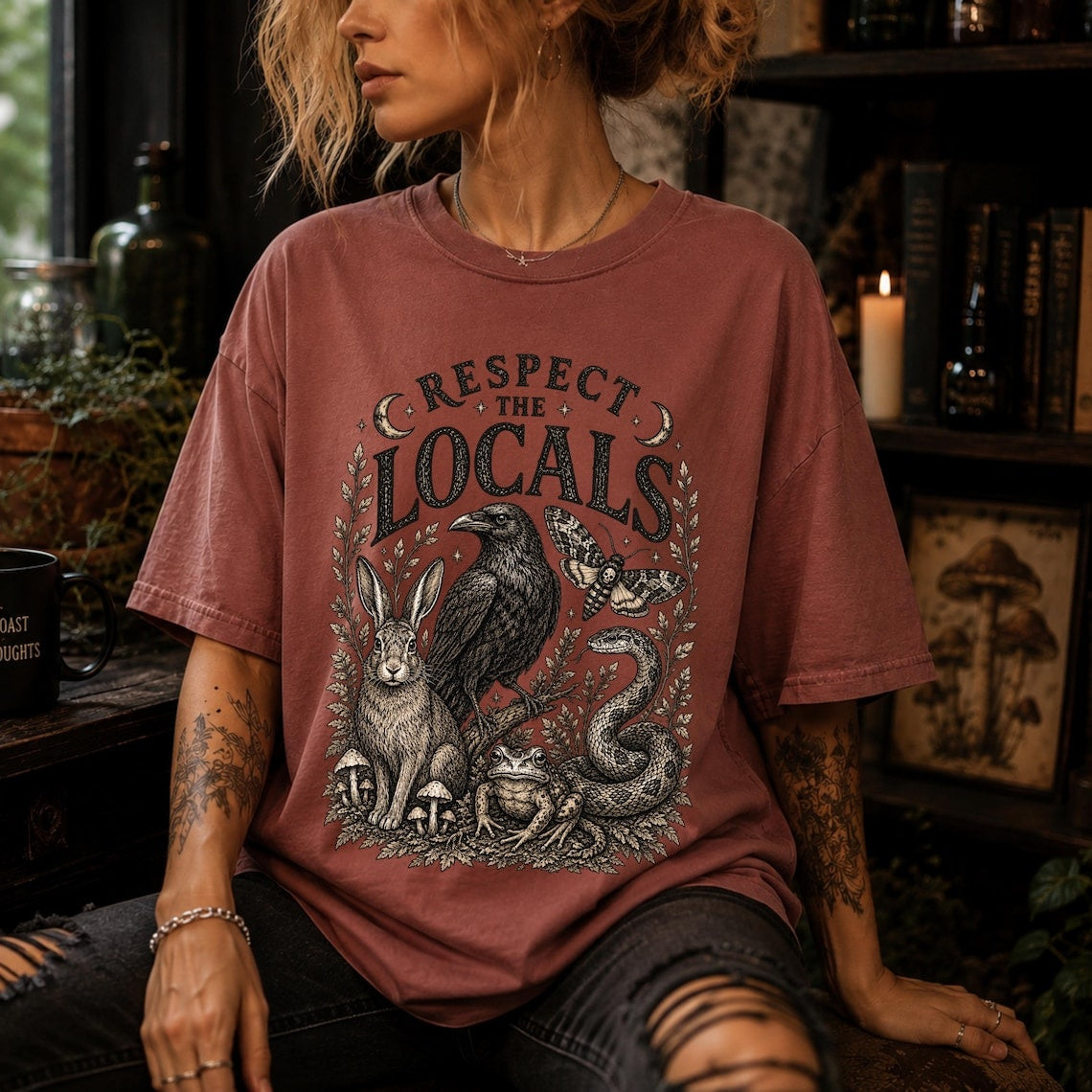 goblincore respect the locals whimsigoth clothing bug shirt ,crow shirt cryptid shirt ,moth shirt ,ecology shirt ,goblincore shirt ,snake shirt