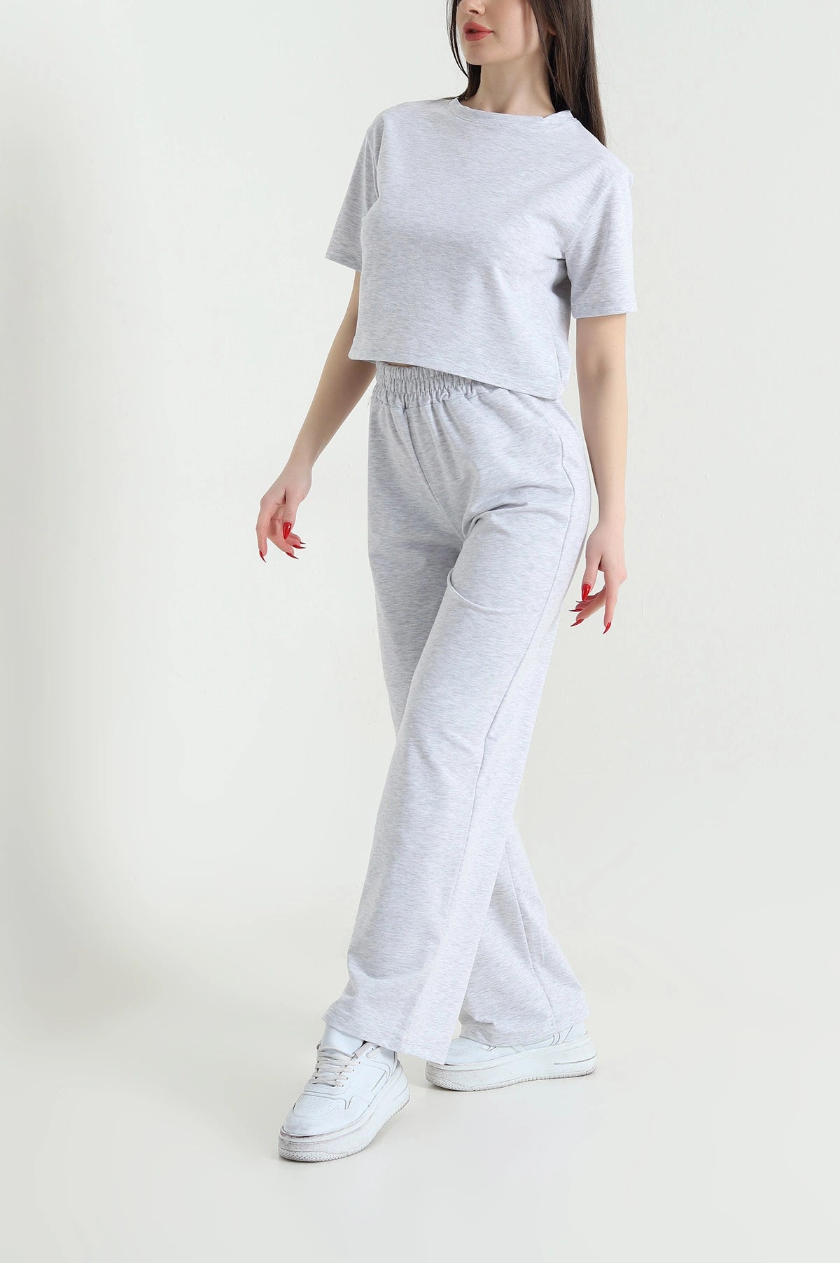 Gray Crew Neck Crystal Women's Tracksuit Set - Denoss