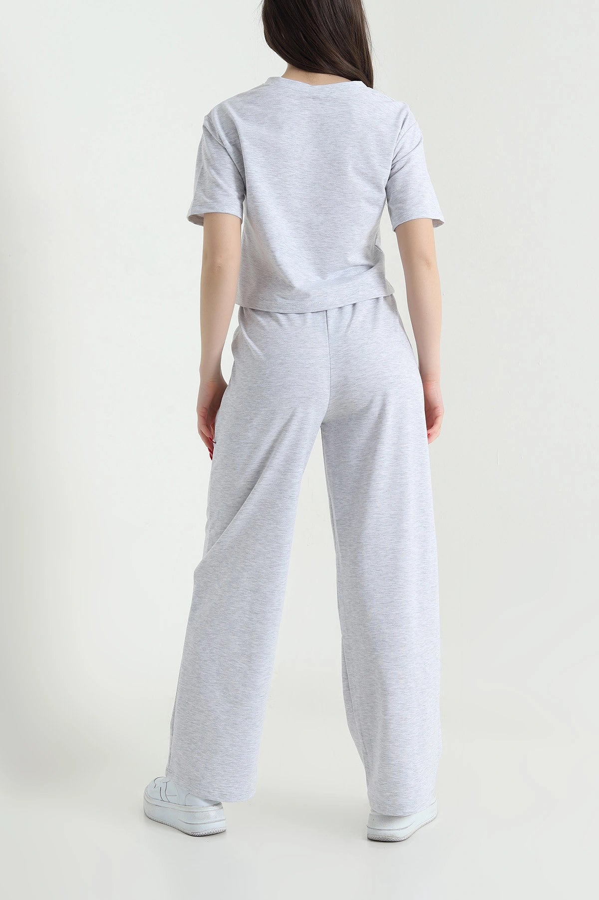 Gray Crew Neck Crystal Women's Tracksuit Set - Denoss