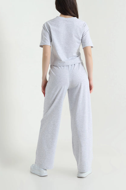 Gray Crew Neck Crystal Women's Tracksuit Set - Denoss